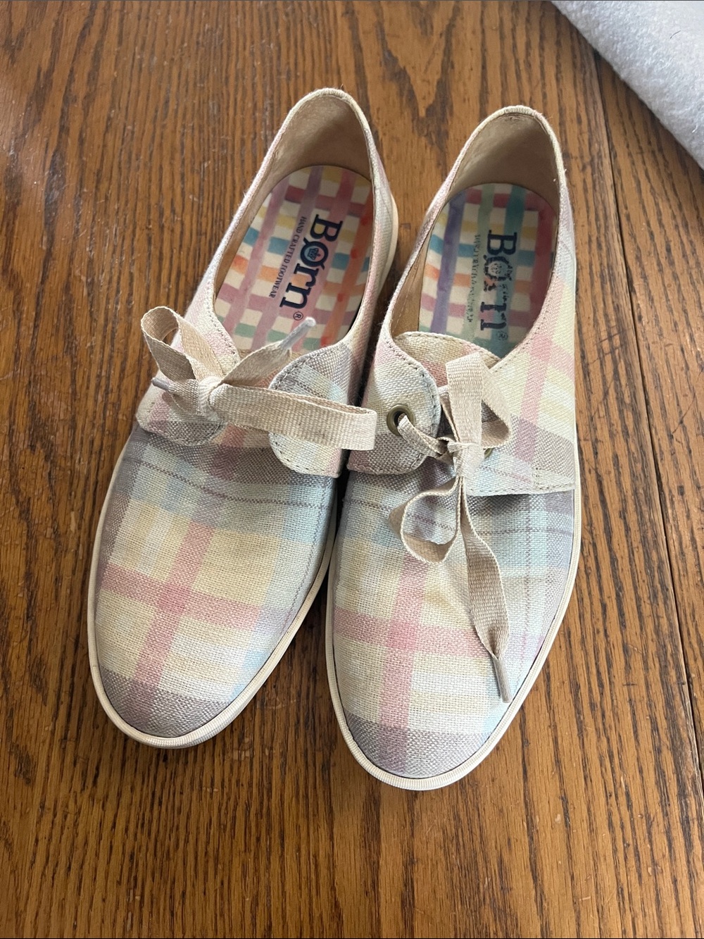 Born Plaid Pastel Canvas Lace-Up Sneakers in Pink, Blue, Cream